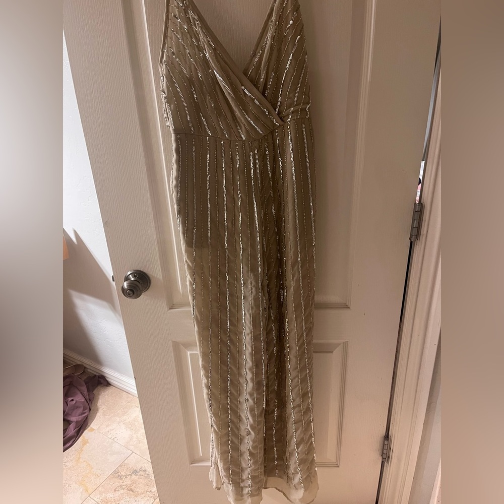New-gold sequenced spaghetti strapped jumpsuit